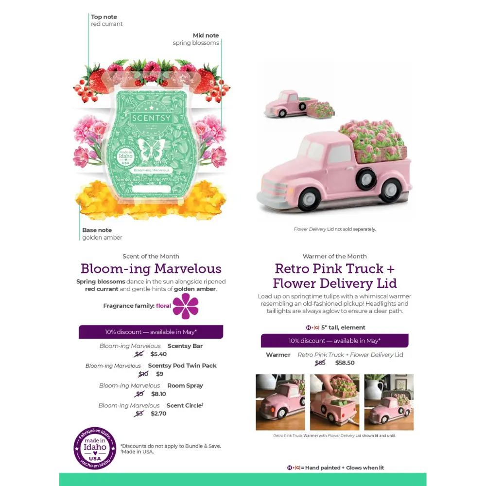 Scentsy May 2024 Warmer &Amp; Scent Of The Month - Retro Pink Truck Warmer Flower Delivery Lid + Bloom-Ing Marvelous Scentsy May 2024 Warmer & Scent of the Month - Retro Pink Truck Warmer Flower Delivery Lid + Bloom-ing Marvelous