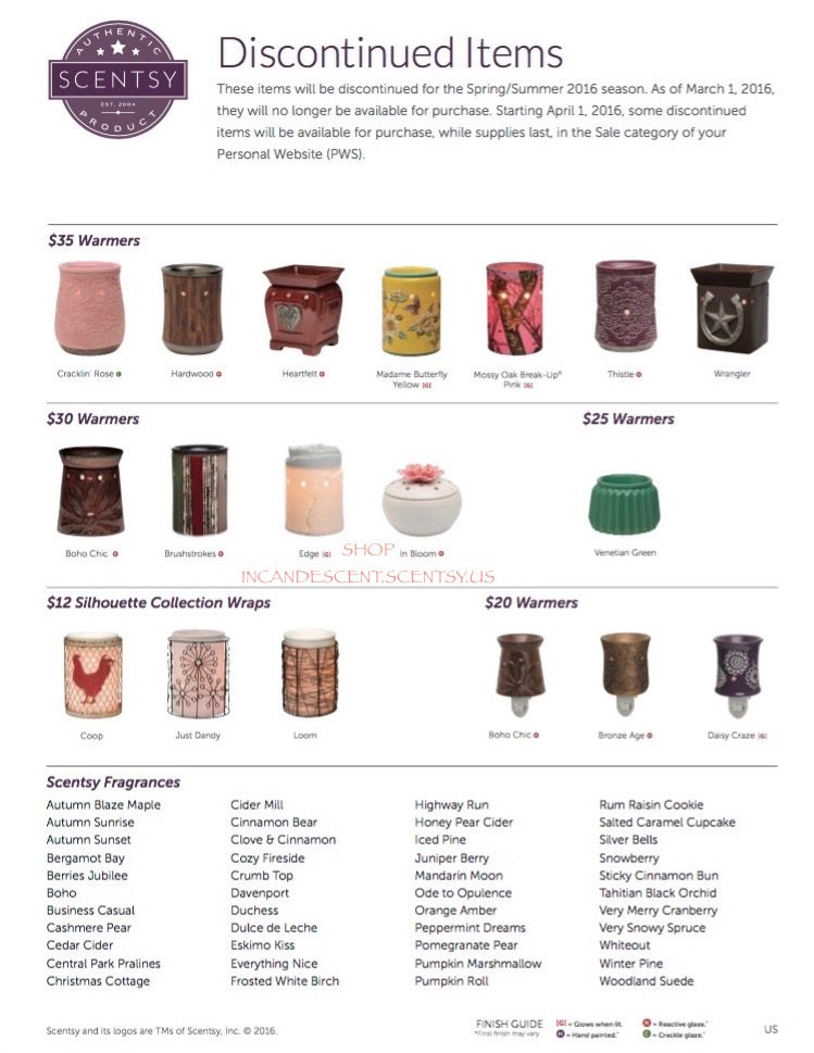 SCENTSY SPRING / SUMMER 2015 DISCONTINUED LIST