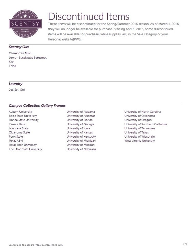 SCENTSY SPRING / SUMMER 2015 DISCONTINUED LIST