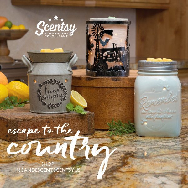 LIVE SIMPLY SCENTSY WARMER, COUNTRYSIDE WRAP WITH ETCHED SCENTSY CORE, CHASING FIREFLIES SCENTSY WARMER AVAILABLE MARCH 1, 2016