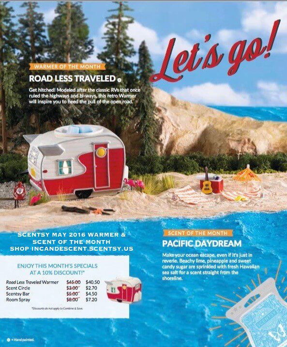 SCENTSY MAY 2016 WARMER & SCENT OF THE MONTH - ROAD LESS TRAVELED CAMPER SCENTSY WARMER & PACIFIC DAYDREAM SCENTSY FRAGRANCE