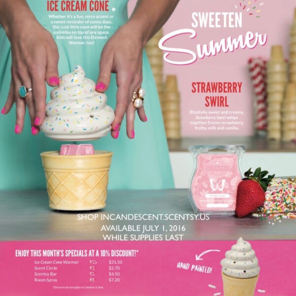 SCENTSY JULY 2016 WARMER & SCENT OF THE MONTH, ICE CREAM CONE SCENTSY WARMER AND STRAWBERRY SWIRL