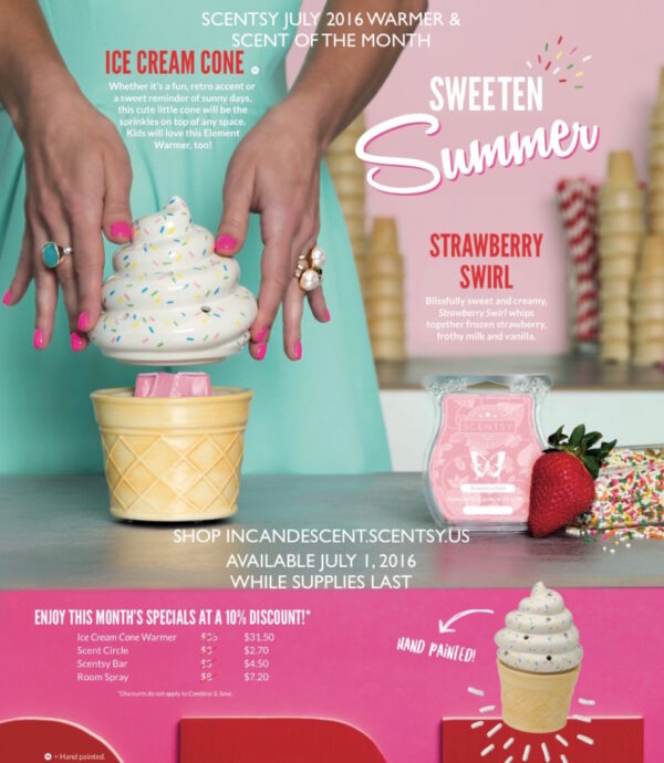 SCENTSY JULY 2016 WARMER & SCENT OF THE MONTH, ICE CREAM CONE SCENTSY WARMER AND STRAWBERRY SWIRL