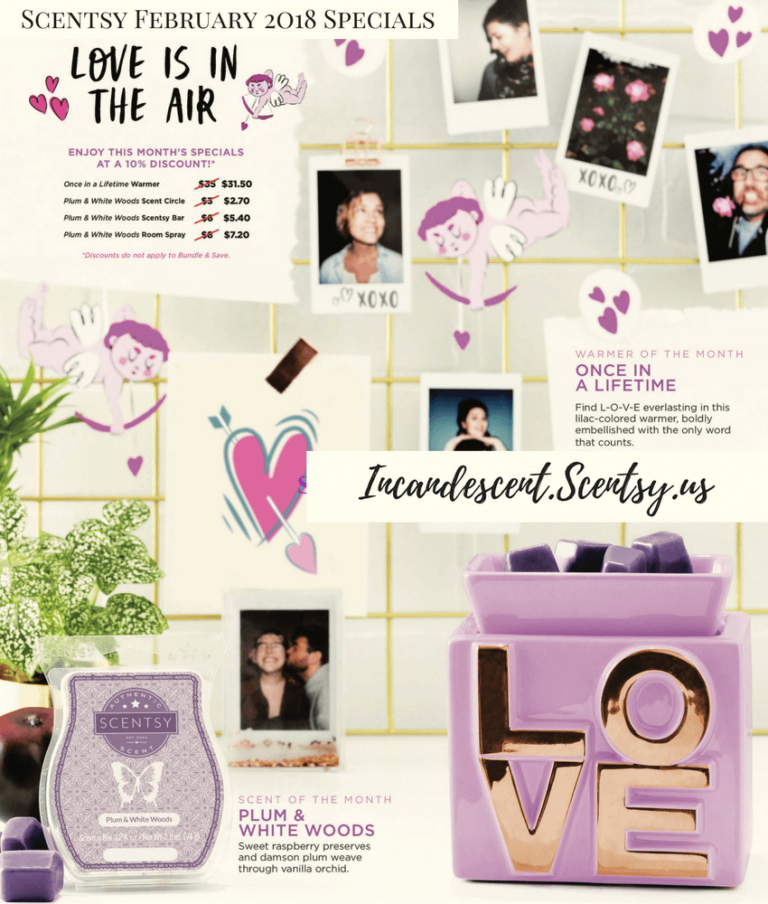 SCENTSY FEBRUARY 2018 WARMER & SCENT OF THE MONTH - ONCE IN A LIFETIME & PLUM AND WHITE WOODS FRAGRANCE