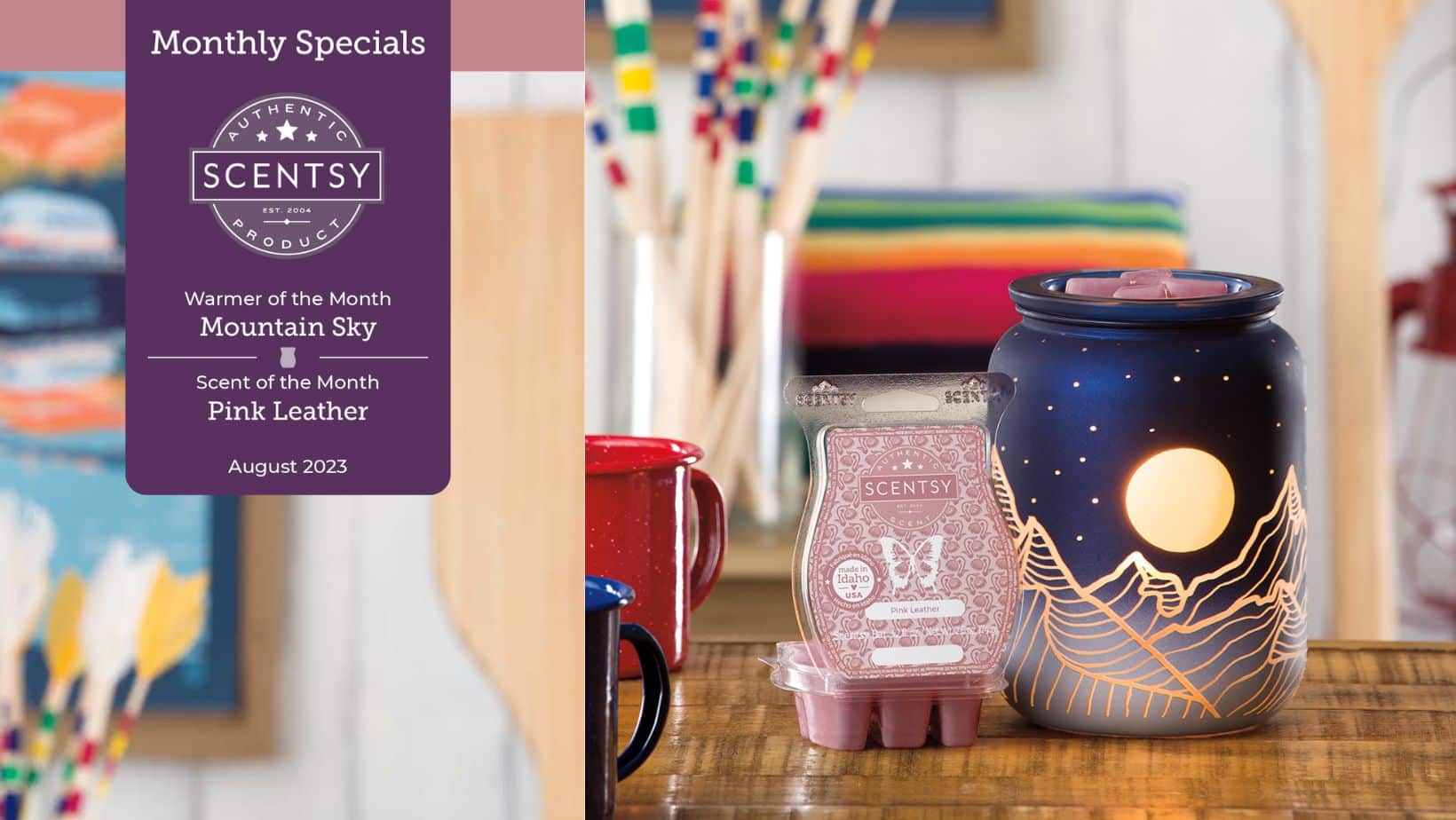 Scentsy August 2023 Warmer & Scent of the Month | Mountain Sky + Pink Leather