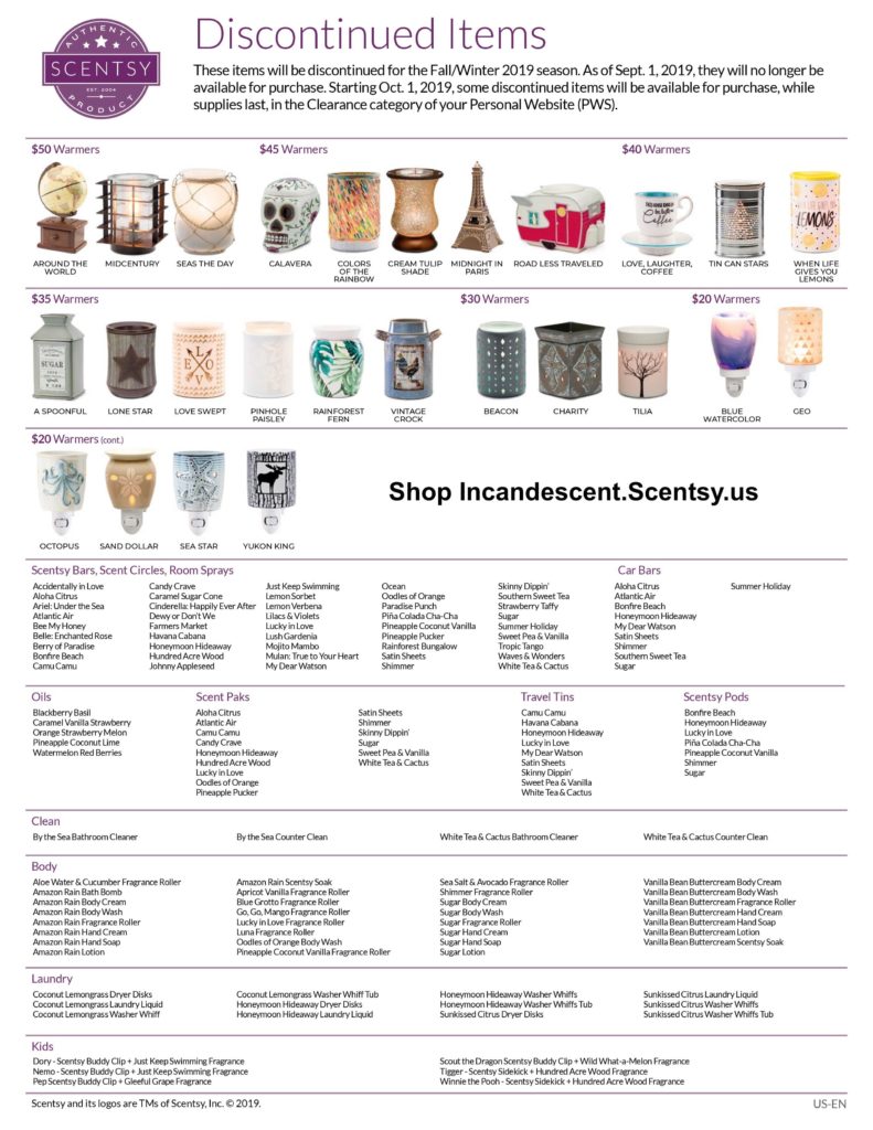 SCENTSY DISCONTINUED PRODUCTS FALL 2019 Incandescent.Scentsy.us