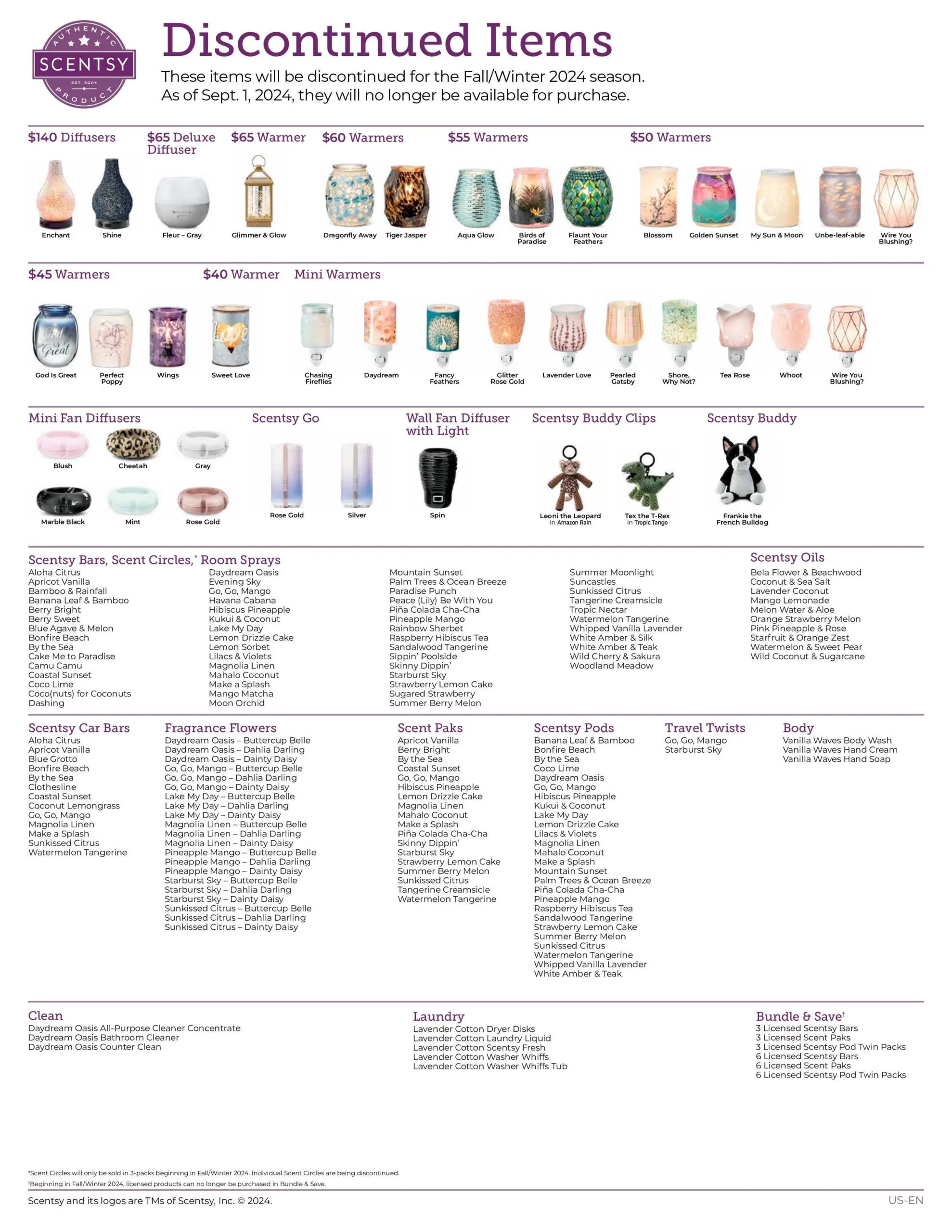 Scentsy Fall 2024 Discontinued List of Products leaving 8/31