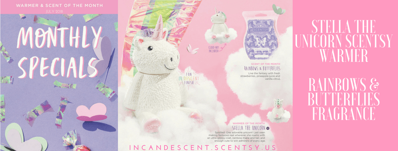 SCENTSY JULY 2018 WARMER & SCENT OF THE MONTH - STELLA THE UNICORN SCENTSY WARMER & RAINBOWS AND BUTTERFLIES FRAGRANCE