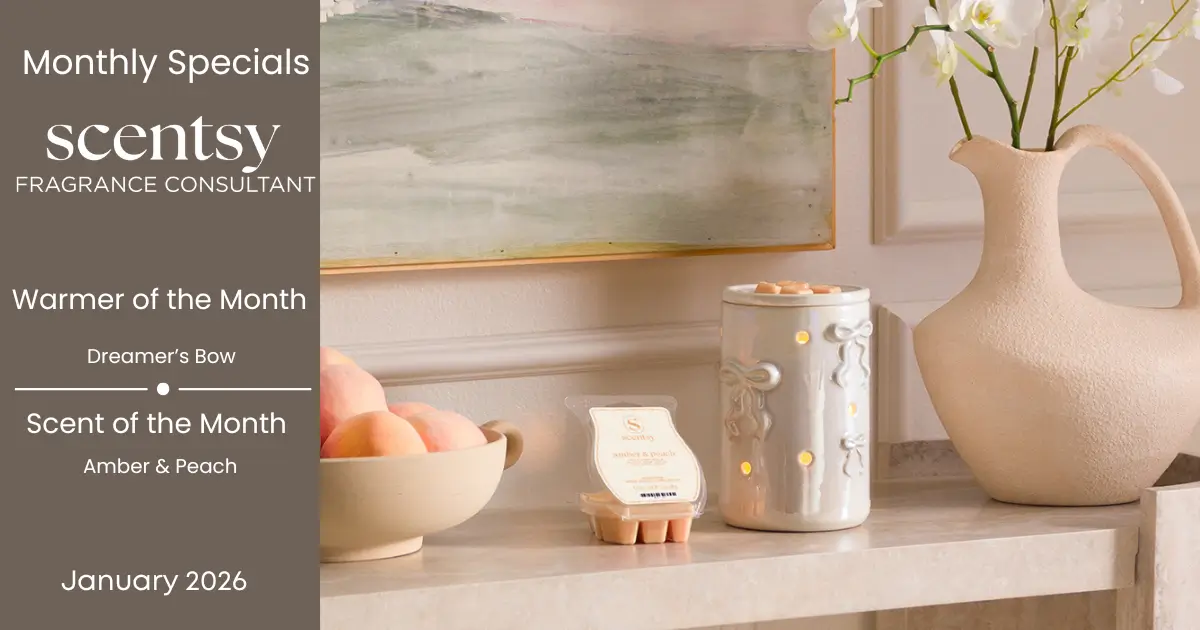 Scentsy January 2026 Warmer Of The Month - Dreamer'S Bow + Amber &Amp; Peach Scentsy January 2026 Warmer of the Month - Dreamer's Bow + Amber & Peach