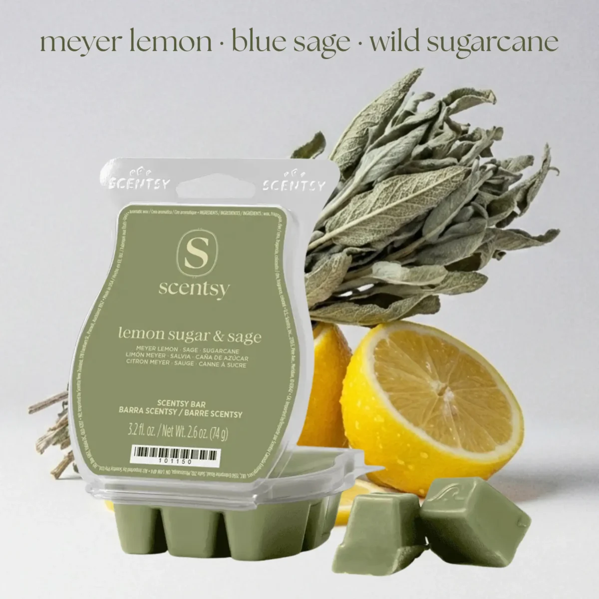 Meyer Lemon, Blue Sage, Wild Sugarcane Lemon Sugar & Sage Scentsy Wax Bar
