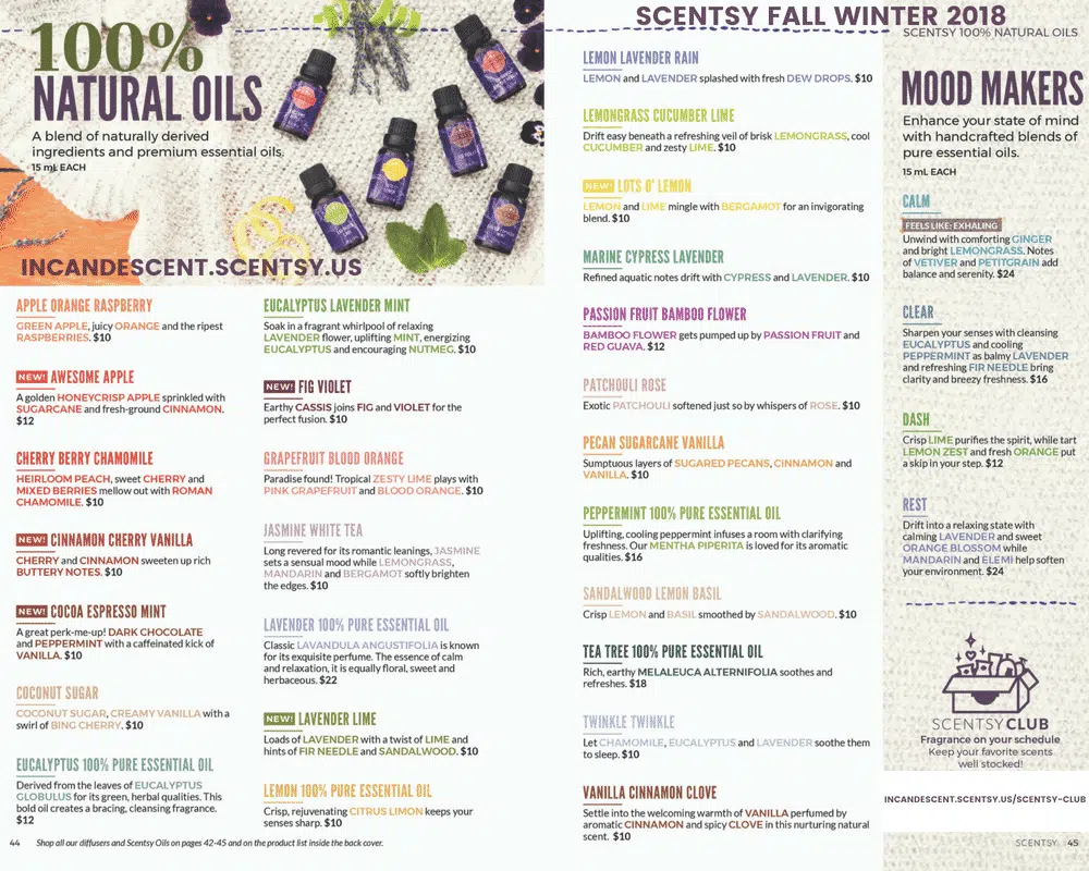 SCENTSY COMPLETE SCENT LIST FOR FALL WINTER 2018 2019 Incandescent