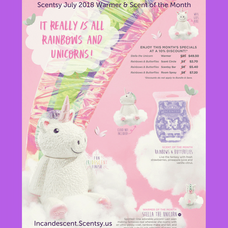 SCENTSY JULY 2018 WARMER & SCENT OF THE MONTH - STELLA THE UNICORN SCENTSY WARMER & RAINBOWS AND BUTTERFLIES FRAGRANCE