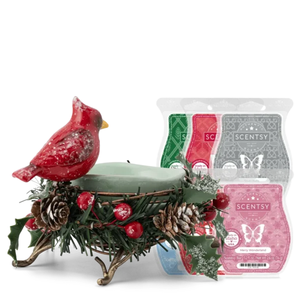 Nestled in Evergreen Cardinal Scentsy Warmer & 6 Bar Holiday Gift Bundle