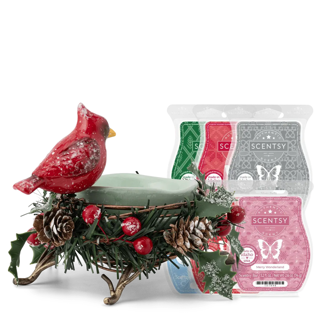 Nestled in Evergreen Cardinal Scentsy Warmer & 6 Bar Holiday Gift Bundle
