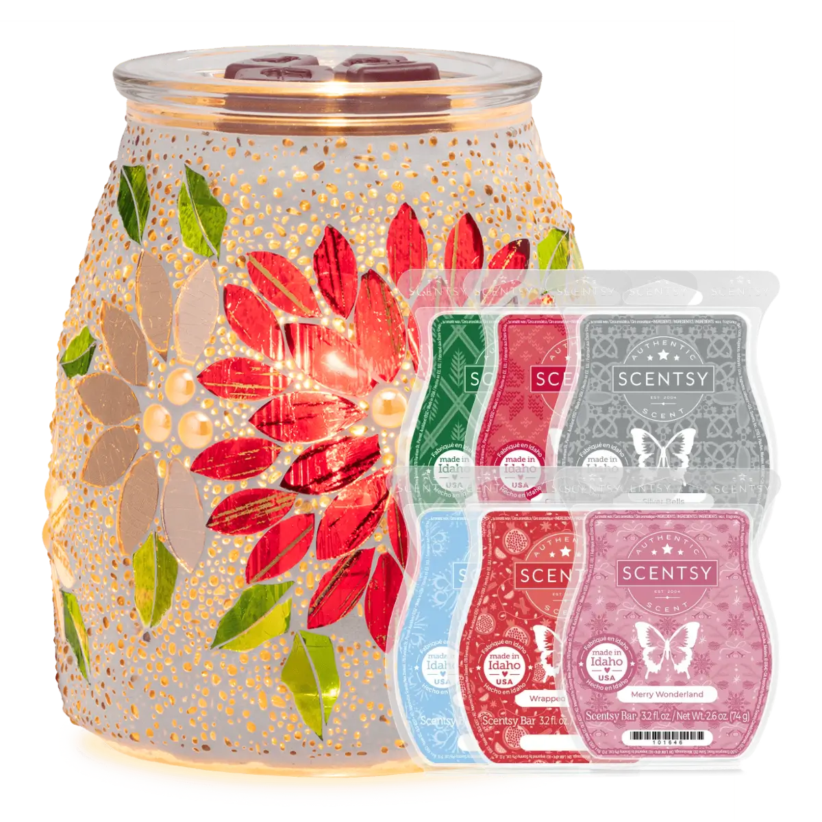 Luminous Poinsettia Scentsy Warmer & 6 Bar Holiday Gift Bundle