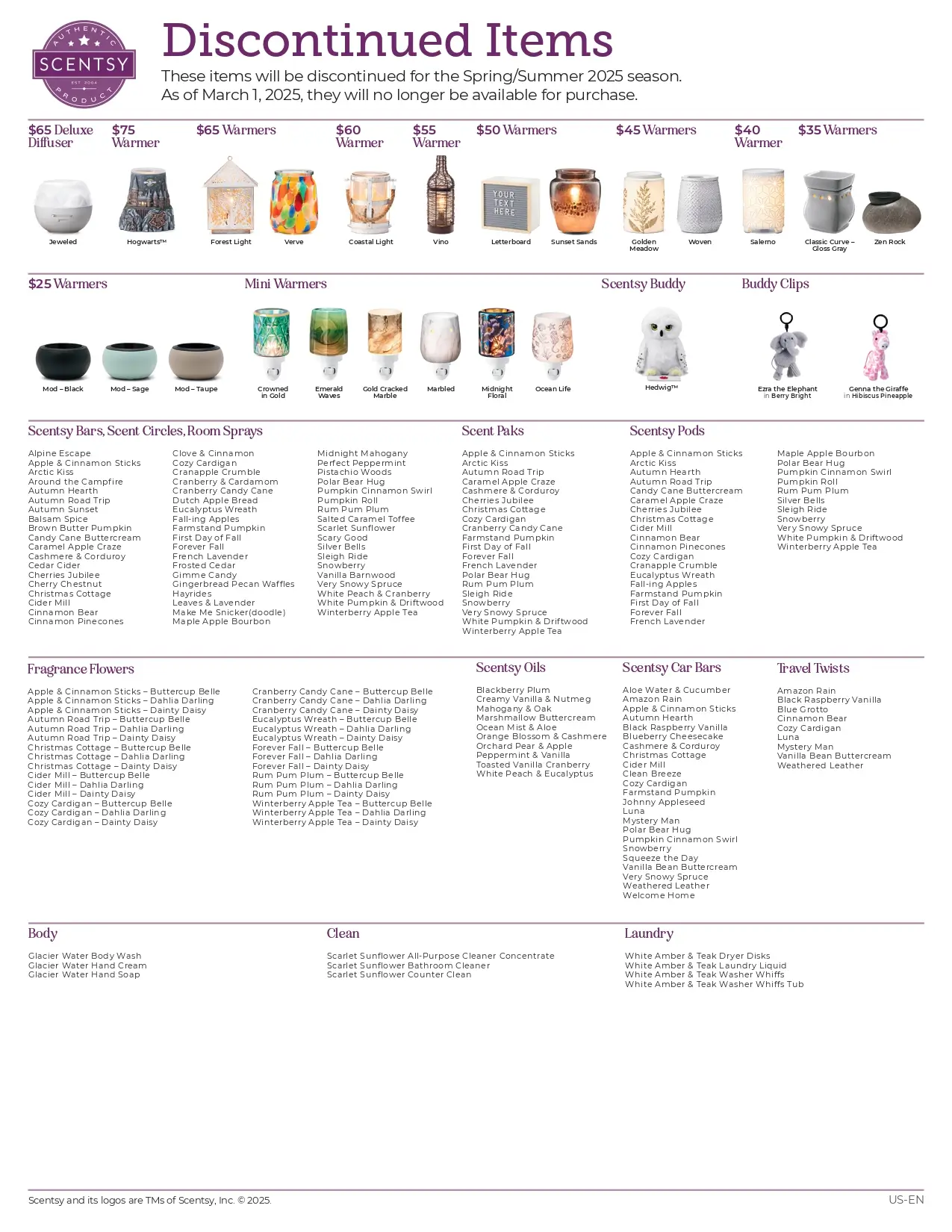 Scentsy Spring 2025 Discontinued List of Products leaving 2/28